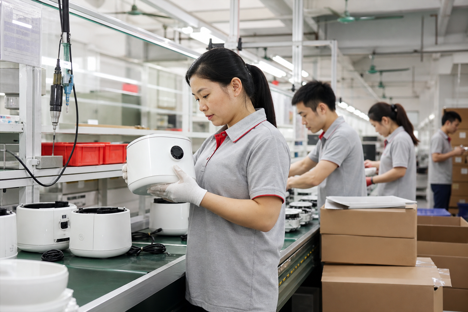 广东制造业小家电装配和质量检查工作场景